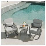 $93 DECMICO Rattan Rocking Chair Set with Cushions & Coffee Table in BROWN