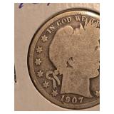1907-S Barber silver half dollar