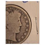 1907-S Barber silver half dollar