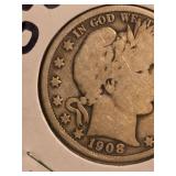 1908-O Barber silver half dollar
