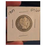 1907 Barber silver quarter