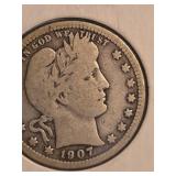 1907 Barber silver quarter