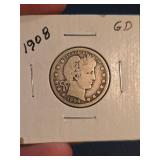 1908 Barber silver quarter