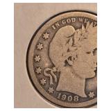 1908 Barber silver quarter