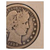 1908 Barber silver quarter
