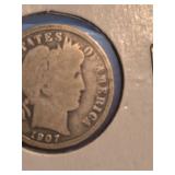1907 Barber silver dime