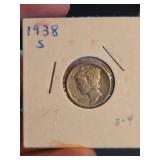 1938-S Mercury silver dime
