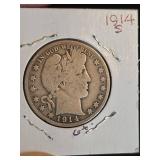 1914-S Barber silver half dollar