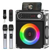 FACTORY SEALED - JYX Karaoke Machine with Two Wireless Microphones, Portable Bluetooth Speaker with Bass/Treble Adjustment, PA System with Remote Control, LED Lights,Supports TF Card/USB, AUX IN, FM, 