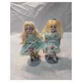 Miniature Porcelain Twin Dolls in Blue Dresses