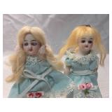 Miniature Porcelain Twin Dolls in Blue Dresses