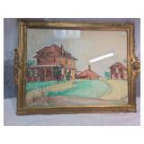 Original Watercolor Neighborhood Scene in Ornate Gold Frame
