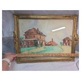 Original Watercolor Neighborhood Scene in Ornate Gold Frame