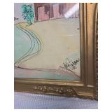 Original Watercolor Neighborhood Scene in Ornate Gold Frame