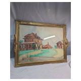 Original Watercolor Neighborhood Scene in Ornate Gold Frame