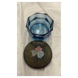 Hand-painted Wooden Box with Blue Glass Bowl - Retail: $35