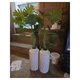 Textured White Ceramic Vase Set with Fake Leafs - Set of 2