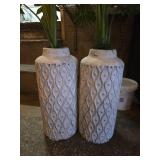 Textured White Ceramic Vase Set with Fake Leafs - Set of 2