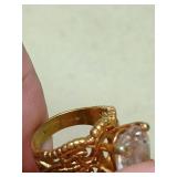 Gold Tone Filigree Ring with Clear Crystal Stone