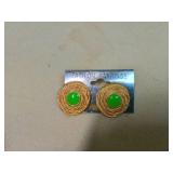 Gold Tone Spiral Earrings with Green Cabochon