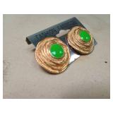 Gold Tone Spiral Earrings with Green Cabochon