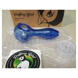 Puffing Bird Blue Glass Pipe Set with Grinder