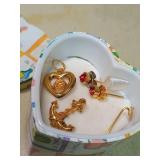 Gold Tone Jewelry with Heart Pendant and Red Crystals