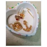 Gold Tone Jewelry with Heart Pendant and Red Crystals