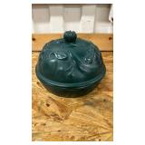 Ceramic Covered Bowl, the dish is almost 2 inches tall and 7 inches round, with lid it is about 6 inches tall, see pics for slight damage