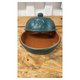 Ceramic Covered Bowl, the dish is almost 2 inches tall and 7 inches round, with lid it is about 6 inches tall, see pics for slight damage