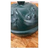 Ceramic Covered Bowl, the dish is almost 2 inches tall and 7 inches round, with lid it is about 6 inches tall, see pics for slight damage