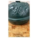 Ceramic Covered Bowl, the dish is almost 2 inches tall and 7 inches round, with lid it is about 6 inches tall, see pics for slight damage