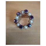 Pearl and Amethyst Crescent Brooch