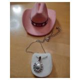 Western Style Pink Cowboy Hat and Turquoise Pendant Set