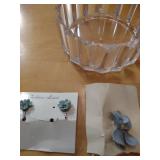 1940s Blue Flower Hair Pins and Cut Glass Dish Set