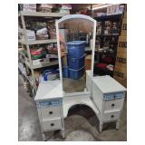 White Vanity with Blue Trim and Mirror