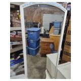 White Vanity with Blue Trim and Mirror