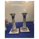 Set of 2 Blue and White Ceramic Candlesticks