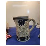 German Ceramic Beer Stein with Relief Scene lid is cracked
