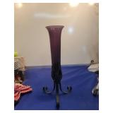 Purple Glass Vase with Wrought Iron Stand