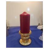 Decorative Gold-Tone Pillar Candle Holder with Burgundy Candle