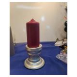 Decorative Silver Pillar Candleholder with Burgundy Candle