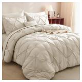 CozyLux Queen Comforter Set Oatmeal, 7 Pieces Pintuck Bed in A Bag, Premium Oatmeal Comforter Queen Size, Pinch Pleat Bedding Sets with Comforter, Sheets, Pillowcases & Shams - Retail: $60