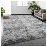 Deerhoo Large Shag Area Rugs 6 x 9, Tie-Dyed Plush Fuzzy Rug for Living Room, Ultra Soft Fluffy Furry Rugs for Bedroom, Indoor Carpet Nursery Rugs for Kids Room Home Decor, Light Grey - Retail: $40