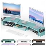 gianotter Dual Monitor Stand Riser, Desk Organizer With Drawer and 2 Pen Holders, Monitor Stand for Desk, Office Decor Essentials (Blue) - Retail: $41