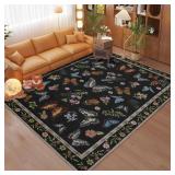 Insect Floral Area Rug for Living Room 6x9 Machine Washable Area Rug Non-Slip Low Pile Large Bedroom Rug Stain Resistant Throw Rug Carpet for Nursery Dining Room Kids Playroom Office Black - Retail: $