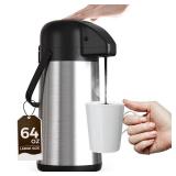 Airpot Coffee Carafe for Keeping Hot - 64OZ/ 1.9L Large Coffee Dispenser with Pump - Insulated Stainless Steel Thermos for Hot Drinks Water Tea Chocolate - Thermal Urn Beverage Dispenser for Parties -
