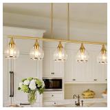 Island Light for Kitchen, 5-Light Gold Kitchen Island Linear Hanging Pendant Chandeliers, Brushed Gold Dining Room Light Fixture Over Table with Clear Round Glass Shades COULD BE MISSING SOMETHING, MA