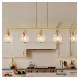 Island Light for Kitchen, 5-Light Gold Kitchen Island Linear Hanging Pendant Chandeliers, Brushed Gold Dining Room Light Fixture Over Table with Clear Round Glass Shades COULD BE MISSING SOMETHING, MA