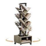 iabifo Double Sided Rotating Tree Bookshelf - 7-Tier Retro Floor Standing Bookcase, Wood Storage for Books, CDs, Movies, Perfect for Small Spaces in Bedroom, Living Room, Home Office, Grey - Retail: $